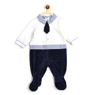 Boys White & Blue Velour Leg Opening Babysuit